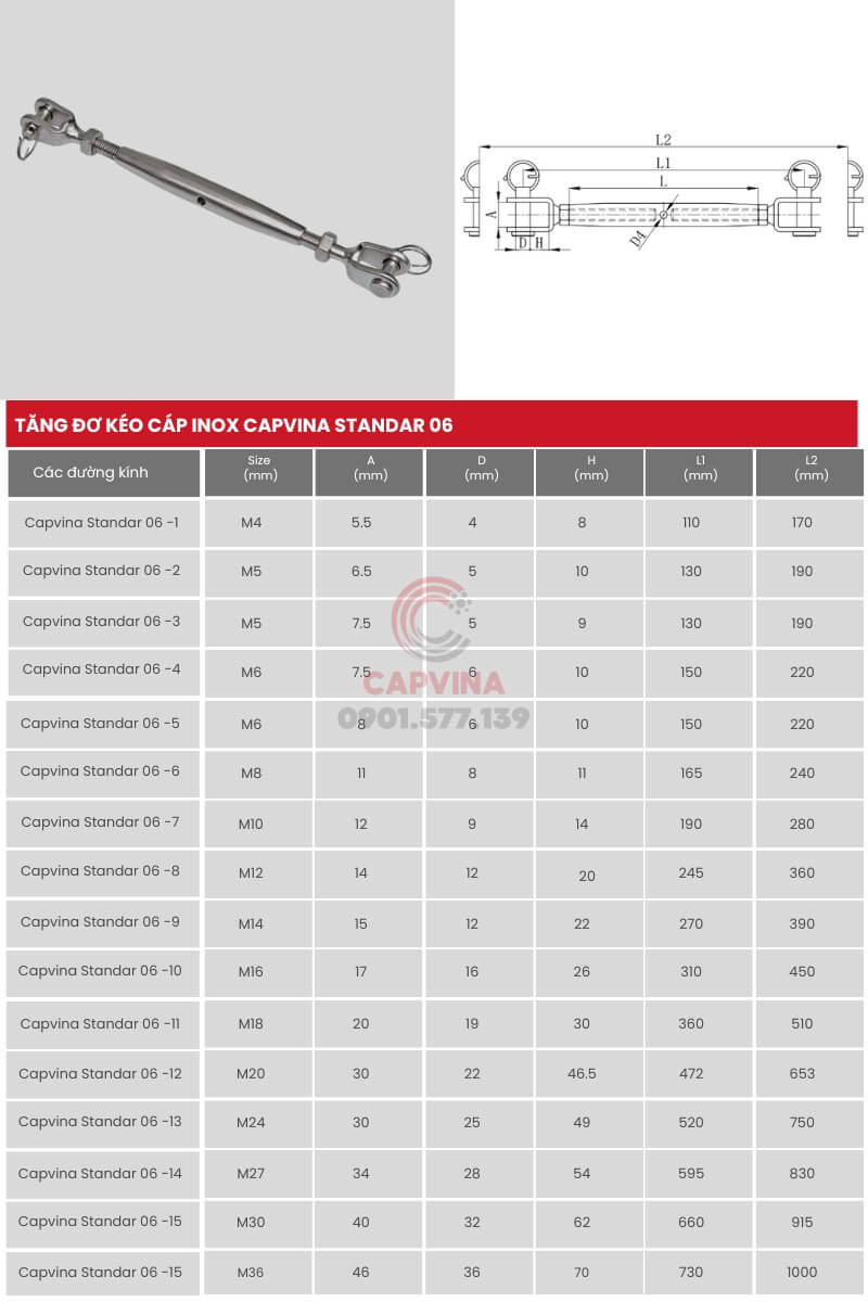 thông số kỹ thuật tăng đơ inox hai đầu ma ní