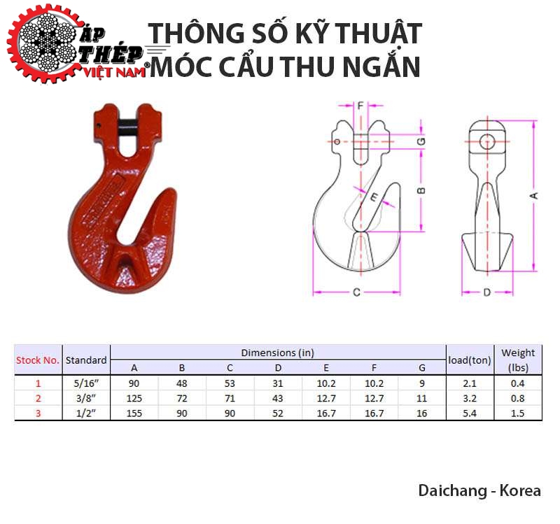 Bảng Thông Số Kỹ Thuật Móc Cẩu Thu Ngắn Xích Giá Sỉ