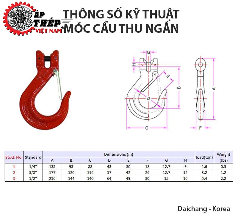 Bảng Thông Số Kỹ Thuật Móc Cẩu Thu Ngắn Xích Hàn Quốc Chất Lượng Cao