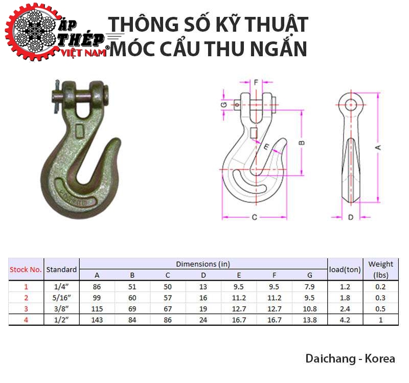 Bảng Thông Số Kỹ Thuật Móc Cẩu Thu Ngắn Xích Hàn Quốc Giá Rẻ