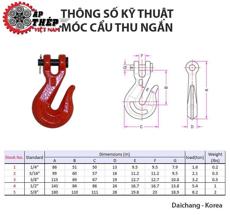 Bảng Thông Số Kỹ Thuật Móc Cẩu Thu Ngắn Xích Hàn Quốc