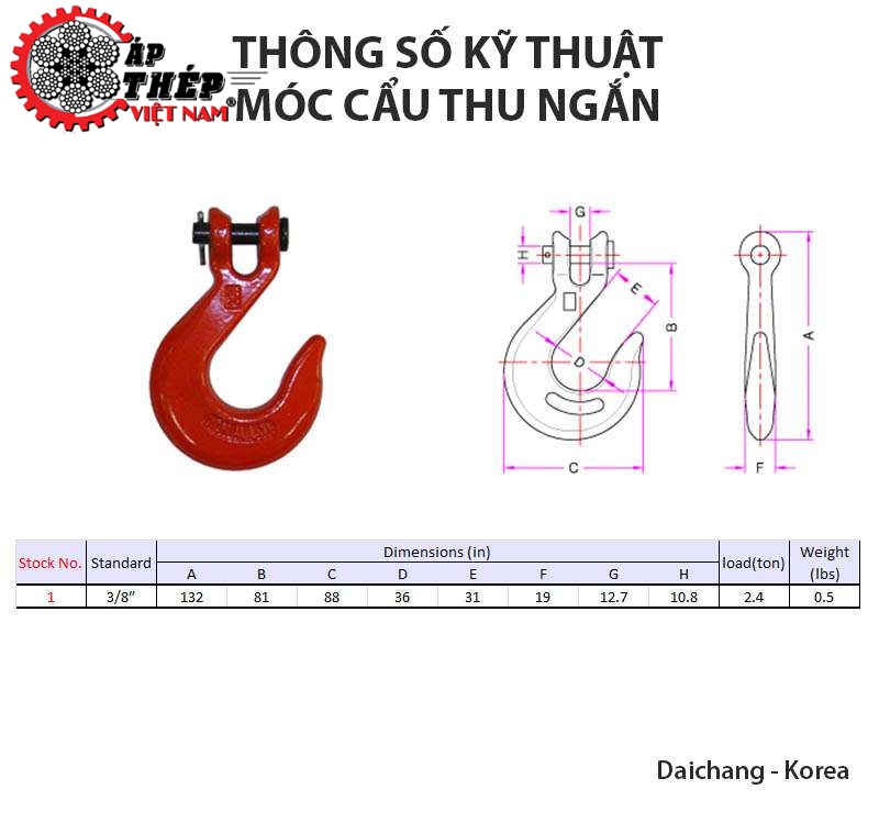 Bảng Thông Số Kỹ Thuật Móc Cẩu Thu Ngắn Xích tp hcm