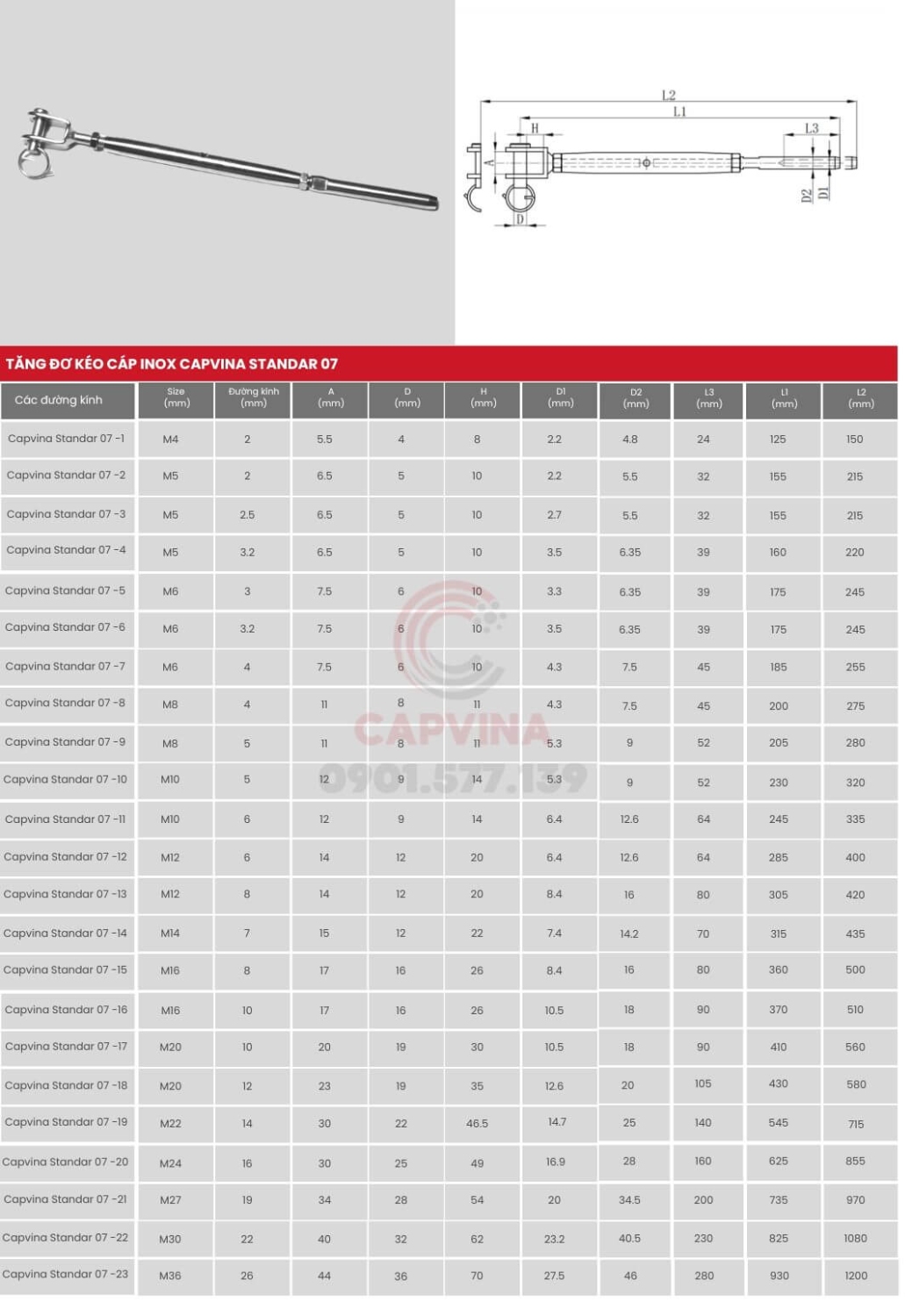 thông số kỹ thuật tăng đơ inox một đầu ma ní